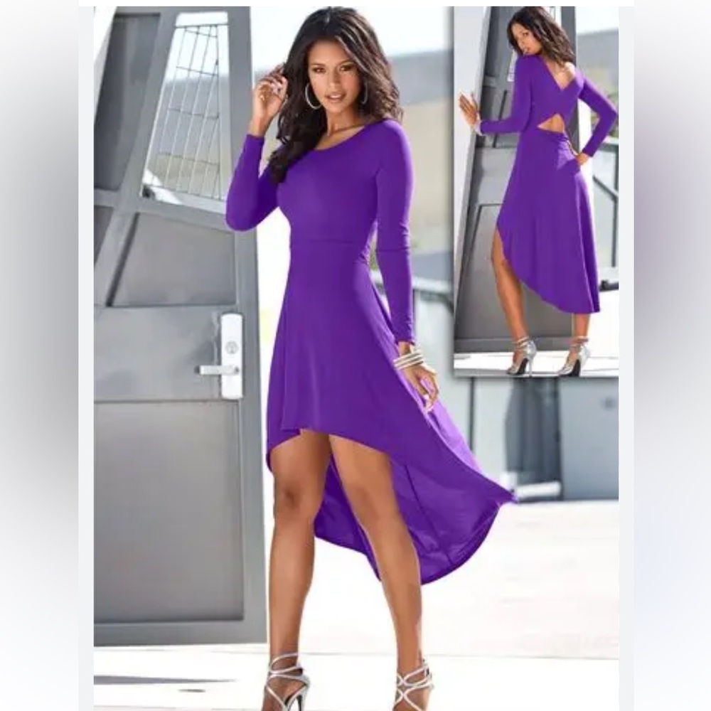Venus Purple Jersey Knit High Low Crisscross Back Dress